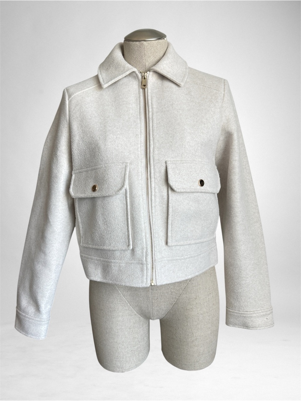 Zara Cropped Wool-Look Bomber Jacket – Size S | Cream/Oatmeal